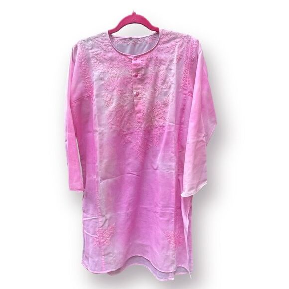 PINK TIE DYE SEMI SHEER COTTON CAFTAN COVERUP EMBROIDERED LONG KURTA TOP L/XL - Picture 1 of 15